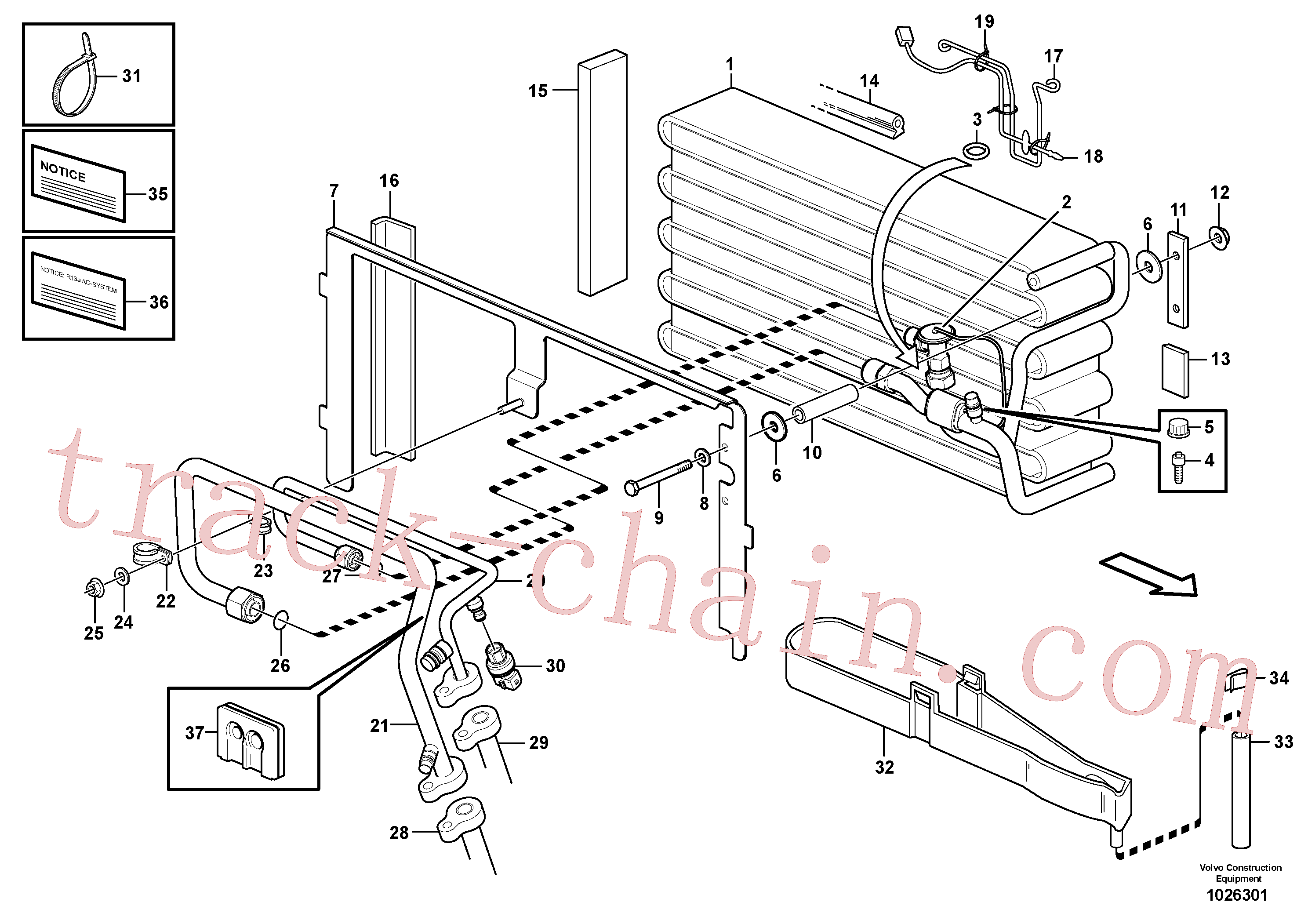 VOE14216275 for Volvo Evaporator for cooling agent R134a with fitting parts.(1026301 assembly)